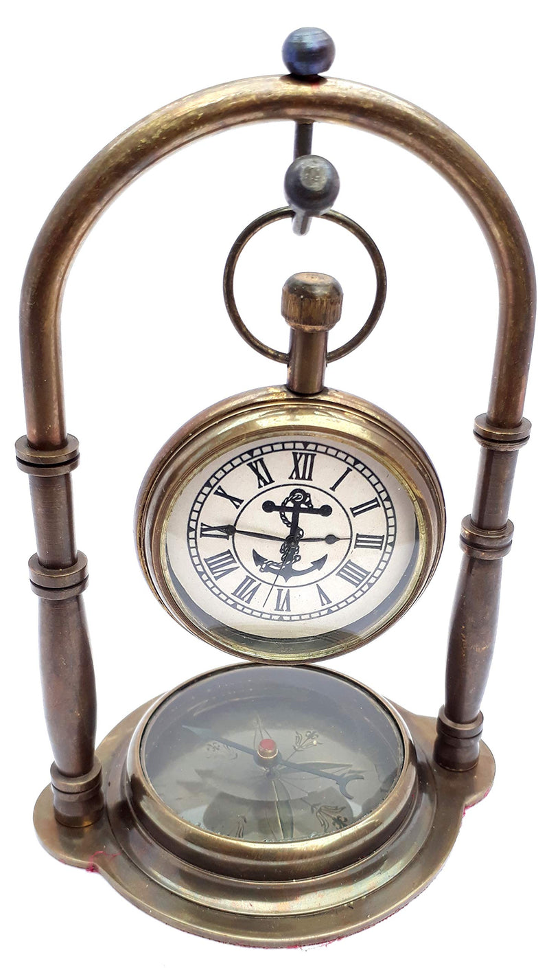 KV Collection Beautiful Antique Style Brass Table Clock with Magnetic Compass Base. Exclusive Gifting idea