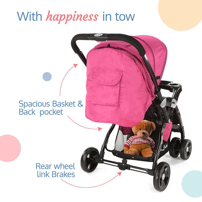 LuvLap Galaxy Baby Stroller, Pram For Baby With 5 Point Safety Harness, Spacious Cushioned Seat With Multi Level Seat Recline, Easy Fold, Lightweight Baby Stroller For 0 To 3 Years (Pink & Black)