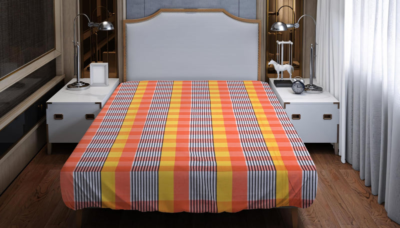 TANTUJA BANGLAR TANTER KAPAR Handloom Cotton Woven Tant Checkered Patterns Yellow & Orange Bedsheet - 2.74x2.29 metres