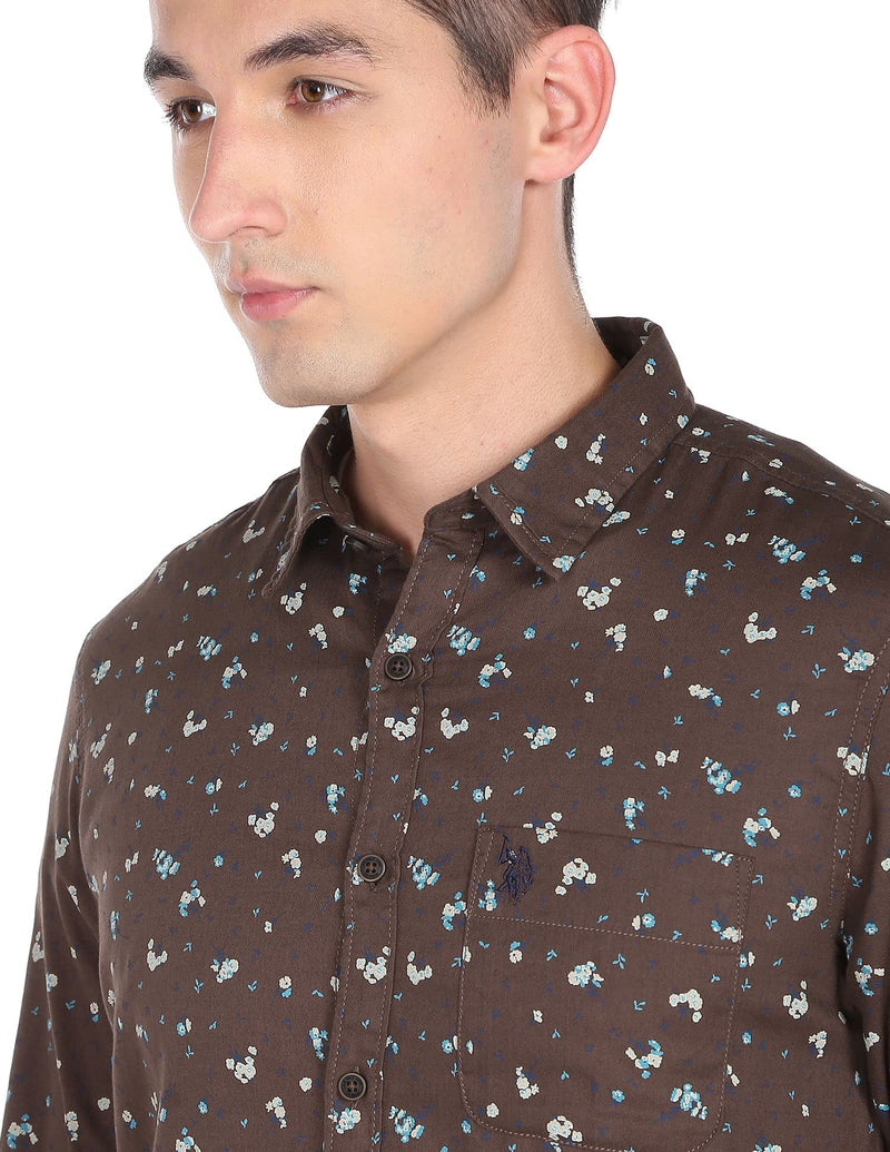 U.S. POLO ASSN. Men's Printed Slim Fit Shirt (UDSHT0430_Brown M)