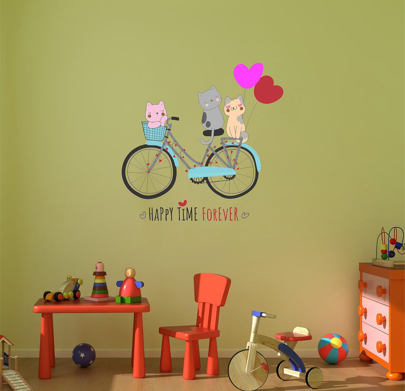 Dreamkraft Little Cute Cats on Bicycle Wall Sticker - 50cm x 52cm | Adorable Animal Decor