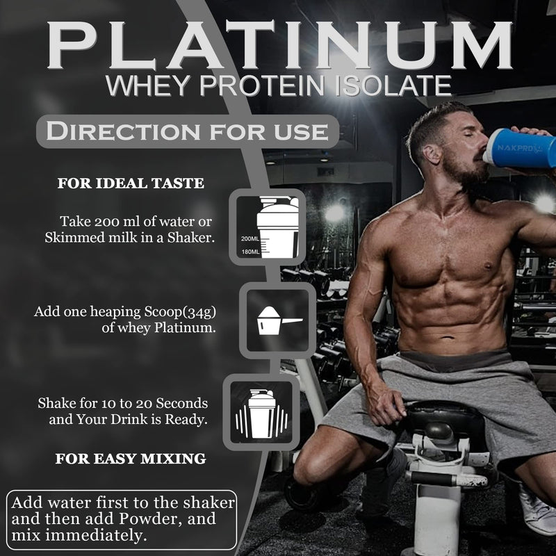 NAKPRO Platinum Whey Protein Isolate | 30.6g Protein, 7.01g BCAA | Easy Mixing, Low Carbs, Easy Digesting Whey Protein Supplement Powder (1 Kg, Unflavoured)