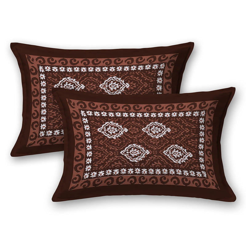 SheetKart Dabu Motif Cotton Double Bedsheet Jaipuri Printed Bed Cover with 2 Pillow Covers - Brown