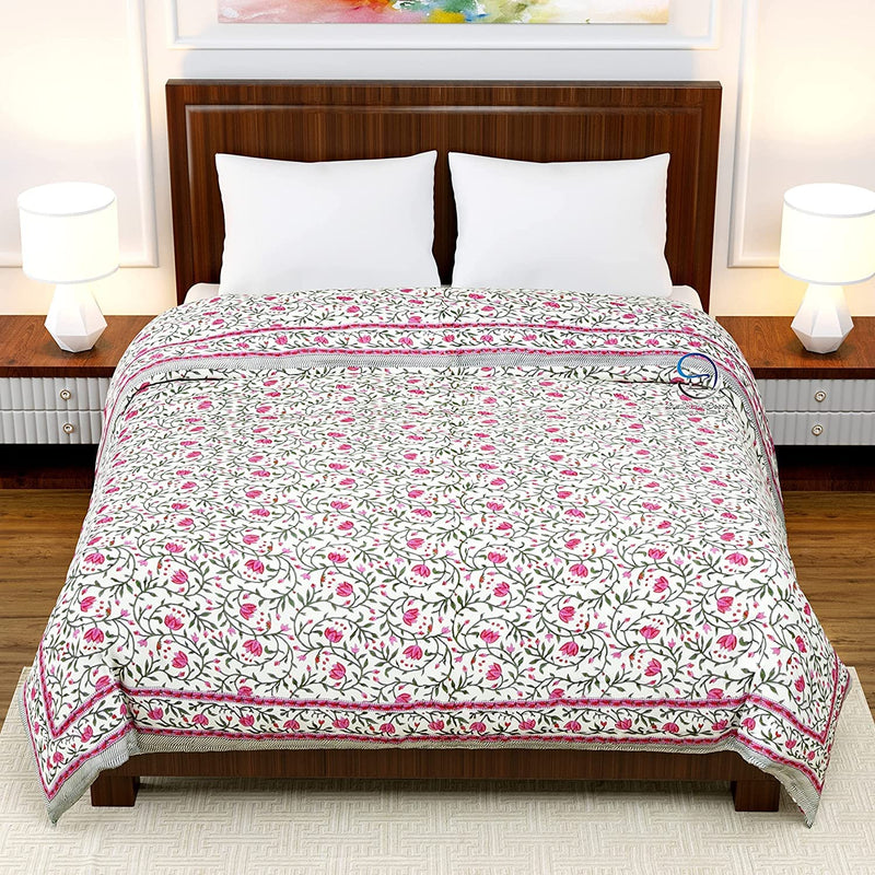 WORLDNEX 400 TC Pure Cotton Double Bed Soft Jaipuri AC Quilt/Razai/Rajai Floral Print,Jaipuri razai Double Bed for Winter Printed,(Pink & Green, 85 x 100 inch, Double Bed)