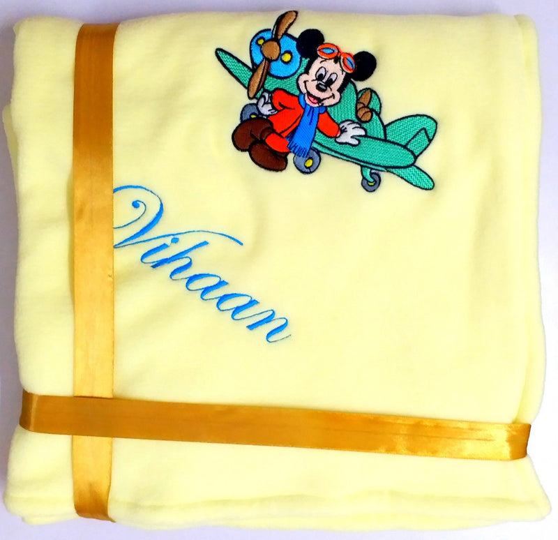 TurtleLittle Mickey with Plane Personalised Fleece Blanket for Kids (Lemon Yellow, 0 to 5 Years, 4' 4'' x 3' 4'', Pi)