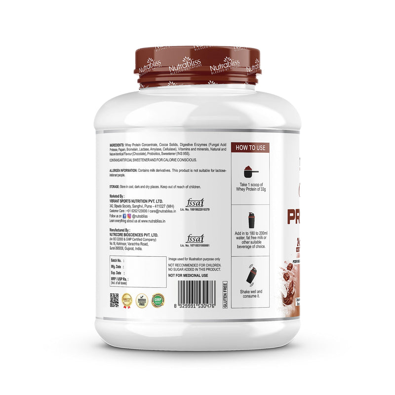 Nutrabliss Premium Pure Whey Protein Concentrated blended with digestive enzymes and probiotics | 100% tested and guaranteed Whey Protein - 24 Gram Protein per serving (Chocolate, 2 Kg)