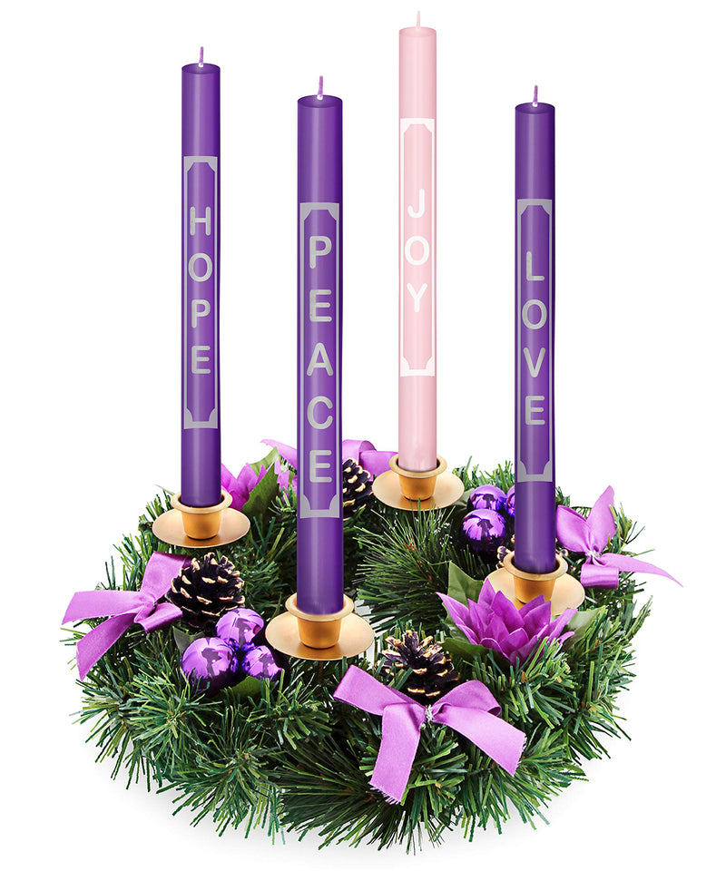 Advent Candles With Words Love, Peace, Hope, Joy On the Candles - Christmas Advent Candle Set of 4 For Advent Rings and Advent Wreaths- Premium Hand Made - Self Fitting End - For Church Advent Wreath