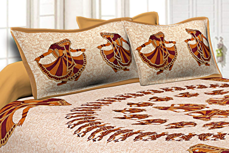 Jaipur Fabric 120 TC Cotton Double Printed Flat Bedsheet (Colour:- Brown)