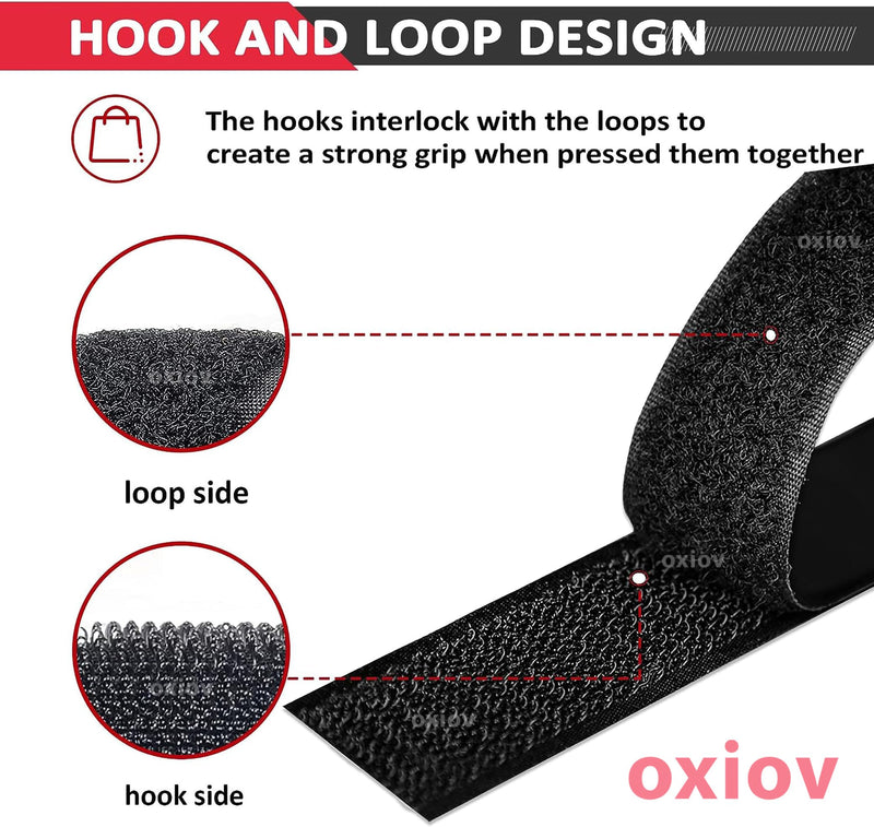 OXIOV Self Adhesive Hook and Loop Tape | Nylon Self Adhesive Heavy Duty Strips Fastener for Home Office School Car and Crafting Organization (Black) (5M*25 mm)