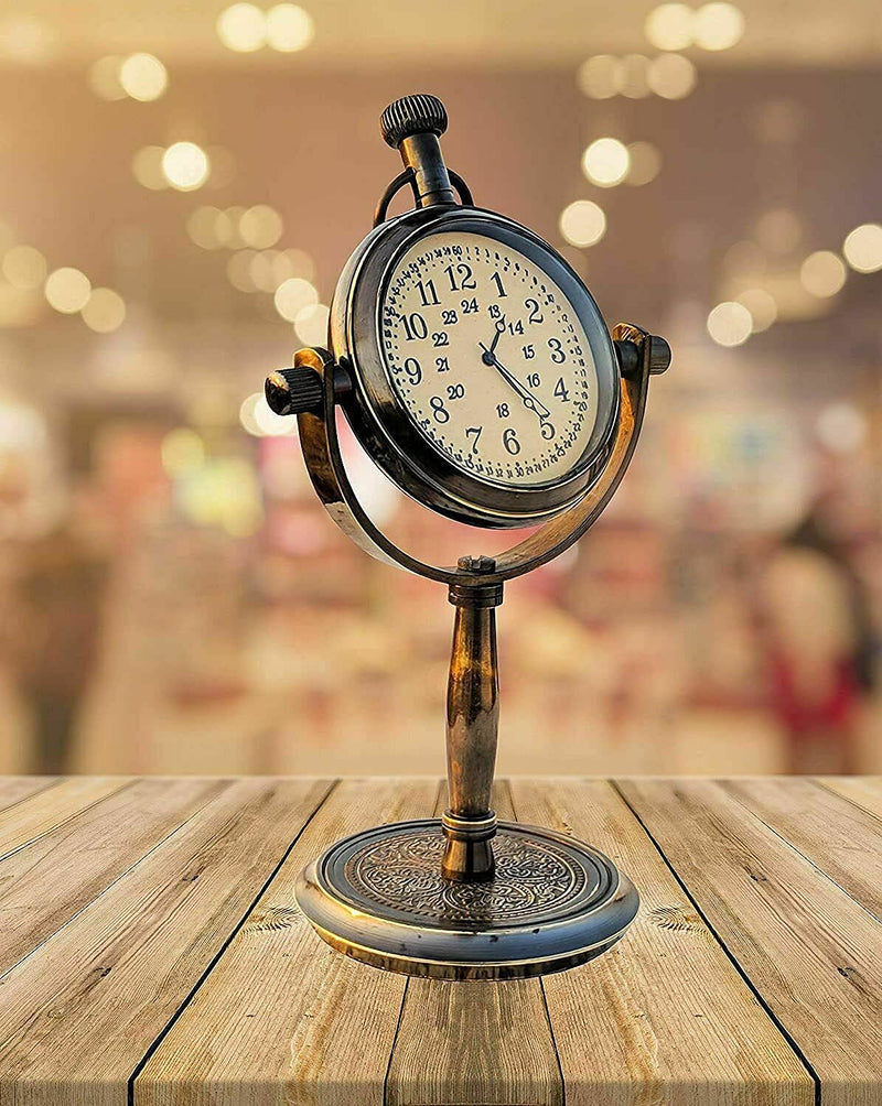 Antique Handmade Stand Solid Antique Finish Brass Table Clock