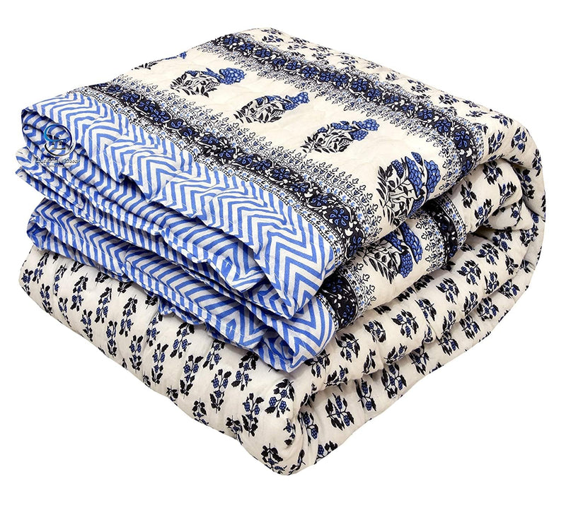 BLOCKSOFJAIPUR 210 TC Single Bed Jaipuri Cotton Blanket Reversible Ac Quilt Soft Light Weight Rajasthani Traditional Cotton Razai Comforter 55 x 85 inch Blue, Pack 1 (Blue Booti, Single Bed Quilt)