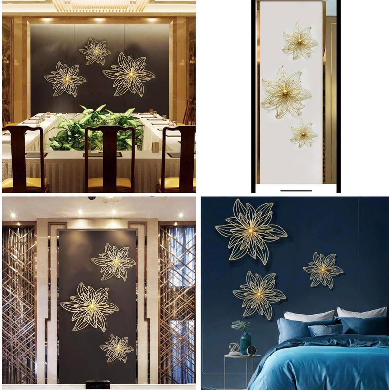 ZOVE Metal Set of 3 Pieces Golden Flowers Wall Art Hanging Perfect For Home, Hotel, Restaurant, Living Room Decoration (24 x 24 Inch)(Golden)