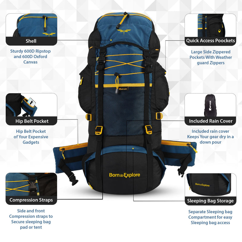 Impulse rucksack bags 75 litres travel bag for men tourist bag for travel backpack for hiking trekking Bag for men camping thames blue bag with 1 Year Warranty Large