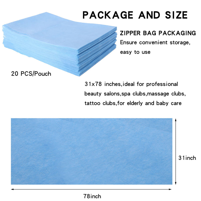 Uralili 20 Pcs Massage Table Sheets Sets Waterproof And Oil Proof Disposable Spa Bed Sheets Non-Woven Fabric Lash Bed Cover 31" X 70"(Blue), 180 Threadcount, Solid