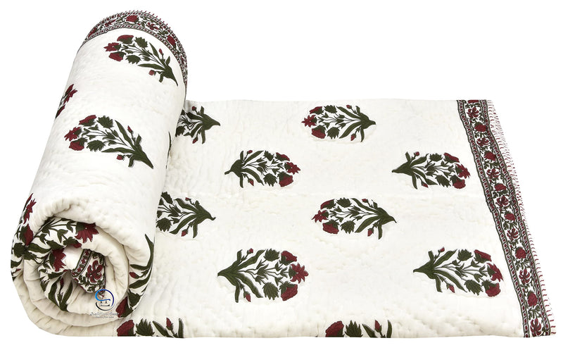 AUROSTYLE 400 TC Jaipuri Light Weight Pure Cotton Traditional Hand Block Big Flower Print Double Bed Quilt/Razai/Rajai (White & Green, 90 x 108 Inches, Double Bed)