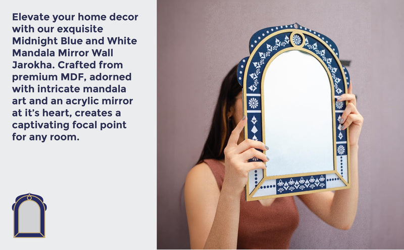 bambaiSe Midnight Blue and White Jarokha Wall Art with Acrylic Mirror, Wall Hanging décor