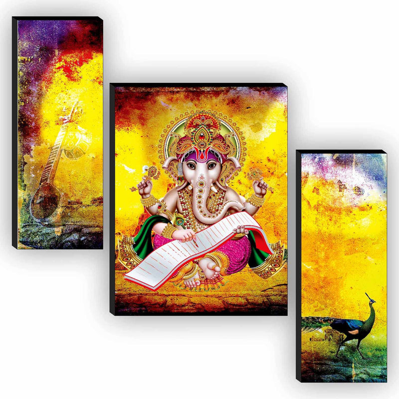 SAF Religious Radhe Krishna UV Textured Painting& SAF Set of 3 Ganesha with Peacock and musical instrument UV Textured Home Decor Self Adhesive Painting 18 Inch X 12 Inch