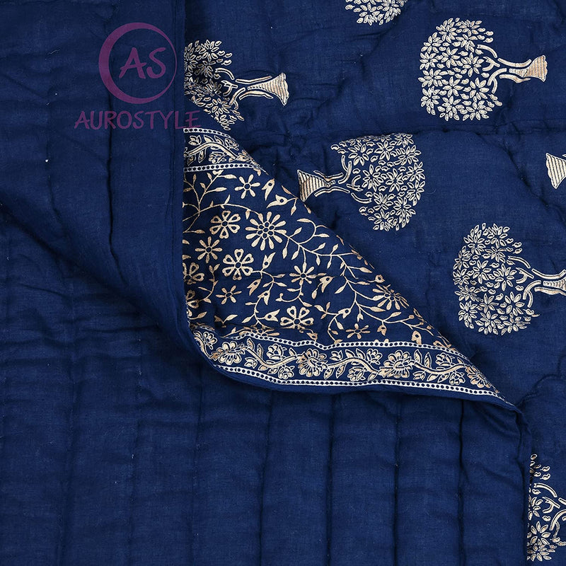 Woodsy Jaipuri Razai Rajasthani Traditional Tree Golden Print Soft Light Weight Pure Cotton Winter and Summer Rajai Ac Quilt Razai/Rajai/Quilt/Blanket/Dohar/Comforter (Single Bed, Set Of 2, Blue Tree)