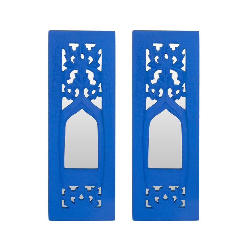 WHF Wood Painted Wall Hanging Jharokha Inside Mirror, Wooden Wall Hanging, Wooden Wall Panel (Blue) (11.5 Cm, Set of Two, Framed, Rectangular)