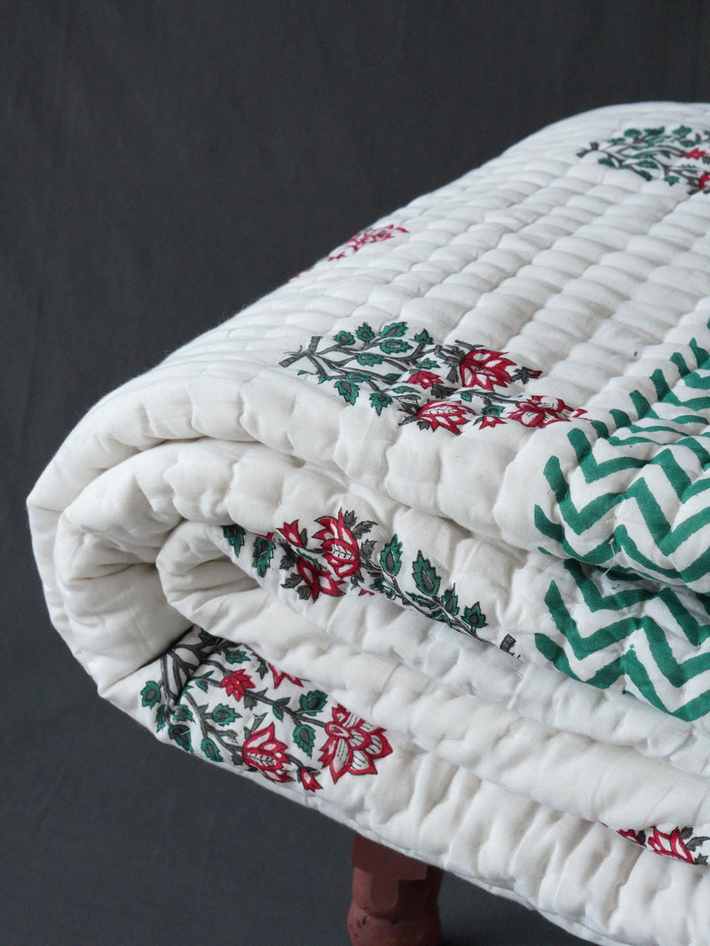 THE JAIPUR WALA Premium Hand Block Mulmul Cotton Quilt, Hand-Block Printed, 100% Surgical Cotton Filling, (GULMARG) (Single)