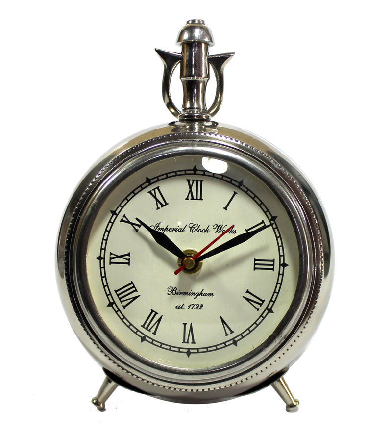 ESPLANADE European Style Vintage Clock Table Desk Shelf Clock - Metal - Chrome Finish - 7" Inches