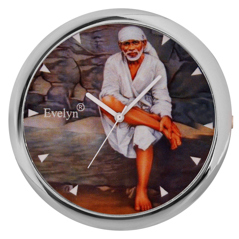 Evelyn Plastic Classic Saibaba Theme Small Round Analog Table Clock (Multicolour, 45mm)