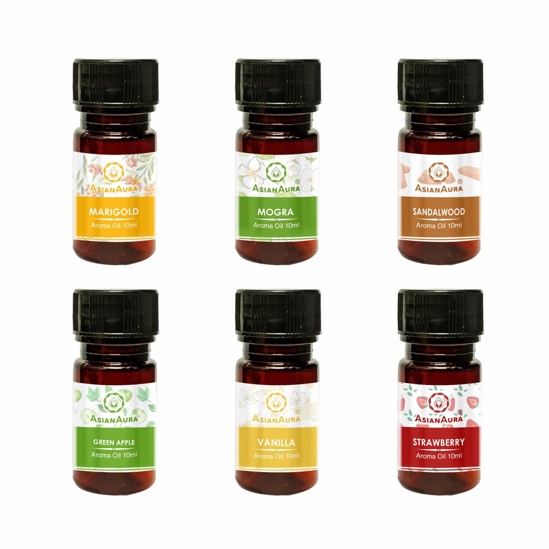 Asian Aura Aroma Oil for Candle Burner & Electric Diffuser for Home Fragrance (Marigold, Mogra, Sandalwood, Green Apple, Vanilla, Strawberry) 10ml each, Pack Of 6 Aroma Oils