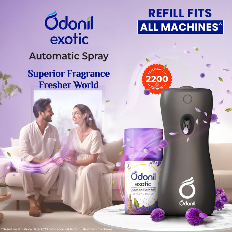 DABUR Odonil Exotic Automatic Spray - 225ml | Machine + 1 Refill | Sensual Dahlia | 2x Long Lasting | 2200 Sprays Guaranteed | Lasts upto 60 days