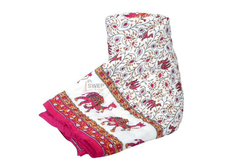 Swep & Shop Rajasthani Traditional Cotton Jaipuri razai ac Blanket Camel Print with Floral Design Single Bed Reversible ( Both Sided ) Jaipuri Quilt 55 x 85 inch - Pink