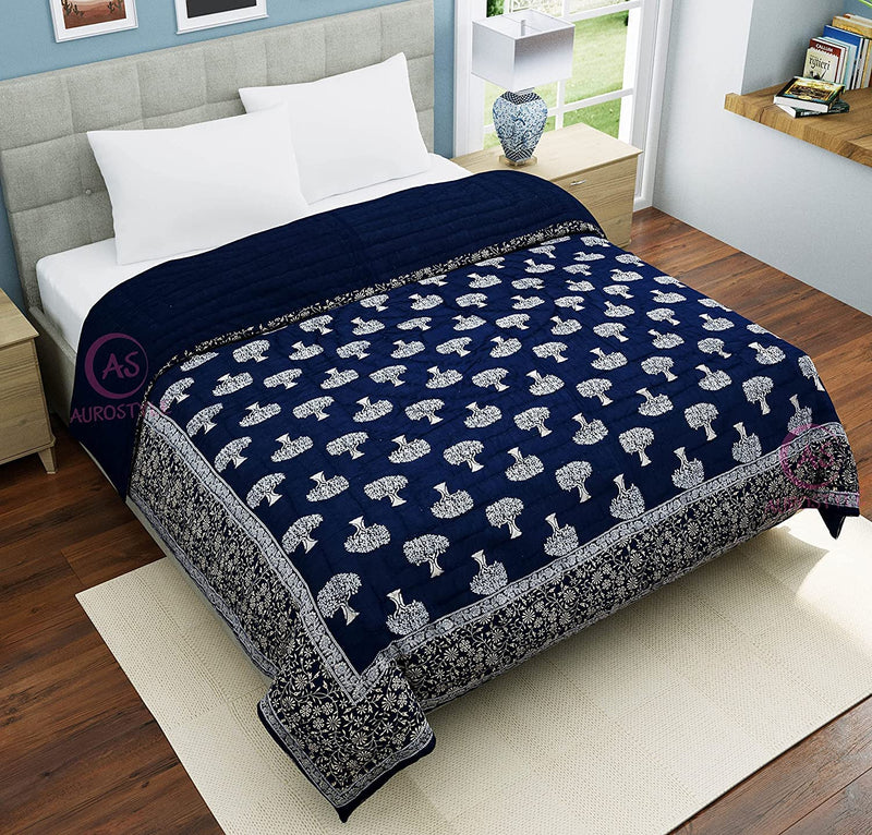 FEELRAX Jaipuri Razai Rajsthani Traditional Hand Stitched Blanket 100% Pure Cotton Blue Silver Gold Printed Bedding Quilt Soft Lightweight Winter and Summer Jaipuri Quilt (Single Bed, 55X85 Inches)