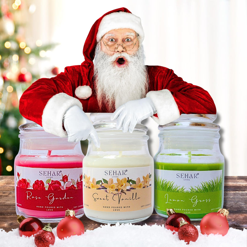 Sehar Living Fragrance Jar Candles Christmas Combo | 85 GMS Each | Pure Soy Wax | Burn Time - 18-20 Hours Each | Reusable Glass Jar | Hand Poured (Rose Garden, Sweet Vanilla & Lemongrass)