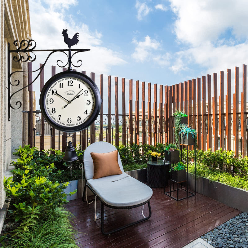 Outdoor Double Sided Clock Double Sided Hanging Clock for Patio Garage Outdoor Area Antique Train Station Clock Two Sided Clock for Indoors/Outdoors