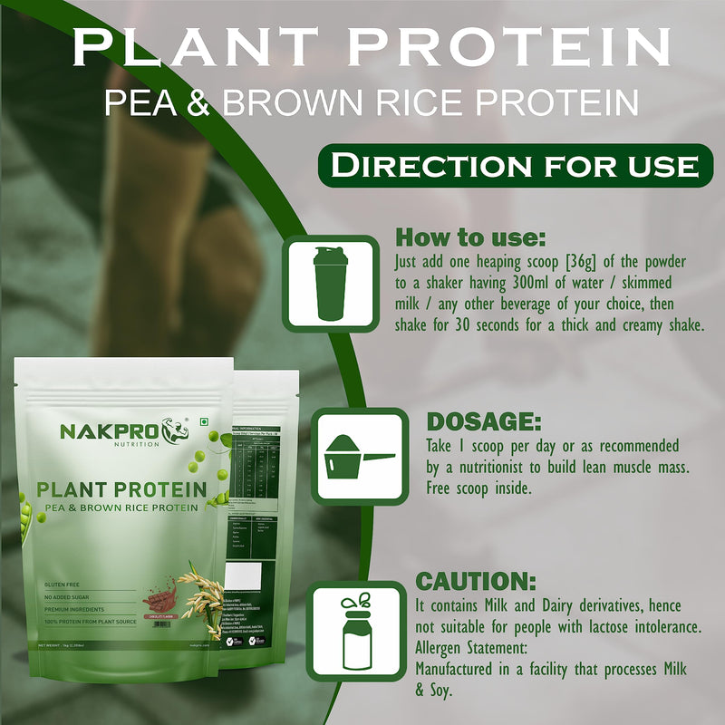 NAKPRO Vegan Plant Protein Powder| 25.21g Protein, 4.85g BCAA | Pea Protein and Brown Rice Protein Powder for Muscle Gain and Recovery | Plant based Protein for Men & Women (Chocolate, 1Kg)