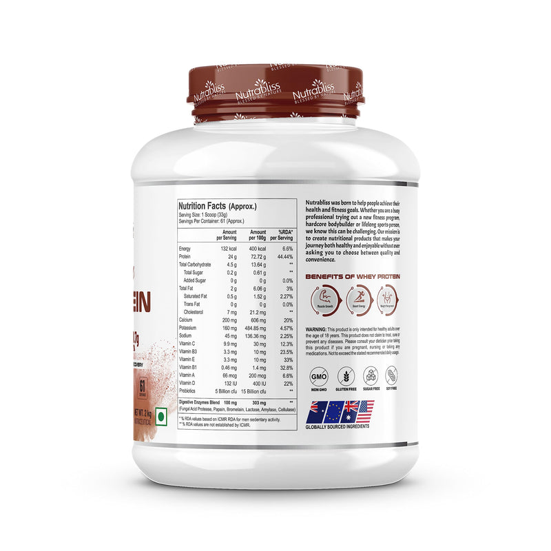 Nutrabliss Premium Pure Whey Protein Concentrated blended with digestive enzymes and probiotics | 100% tested and guaranteed Whey Protein - 24 Gram Protein per serving (Cafe Mocha, 2 Kg)