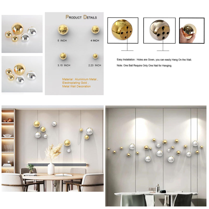 ZOVE Metal Wall Decor Set of 10 Luxury Ball Design Perfect for Living Room/Hotel/Restaurant/Bedroom/Drawing Room (Electroplating Gold And Silver)