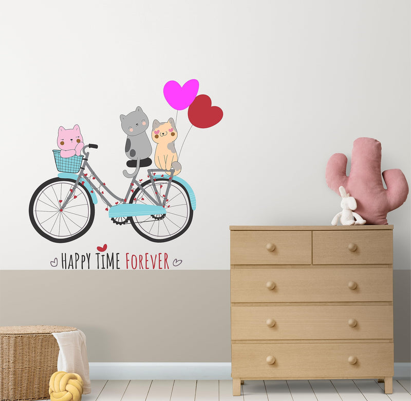 Dreamkraft Little Cute Cats on Bicycle Wall Sticker - 50cm x 52cm | Adorable Animal Decor