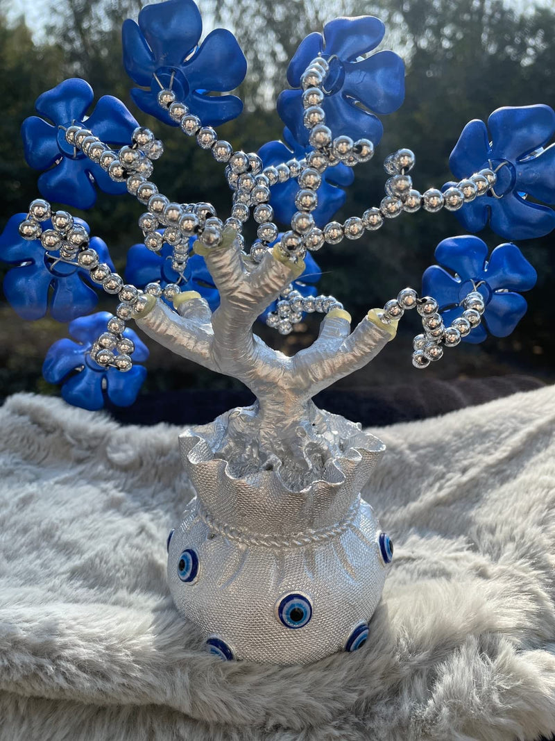 Blue Beads Turkish Evil Eye Flowers Tree with Silver Money Bag Feng Shui Protection Wealth Prosperity Table Centerpiece Ornament for Home Office Decor Protection Gift