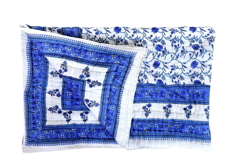 House of Karigar Rajasthani Handmade Floral Printed Soft Cotton Single Bed Razai/Rajai Reversible Jaipuri Quilts (Blue and White, Single Bed - 55x85 inches)