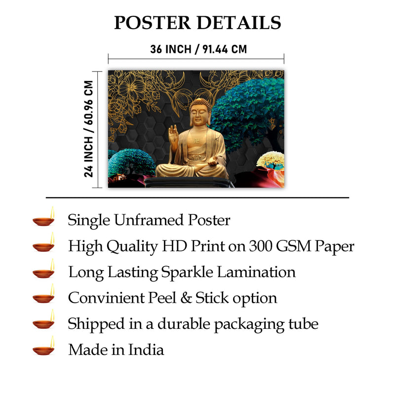 Indianara Rolled Sparkled Gautam Buddha Art Print for Room Décor Digital Reprint 36 inch x 24 inch Painting (10729PST)