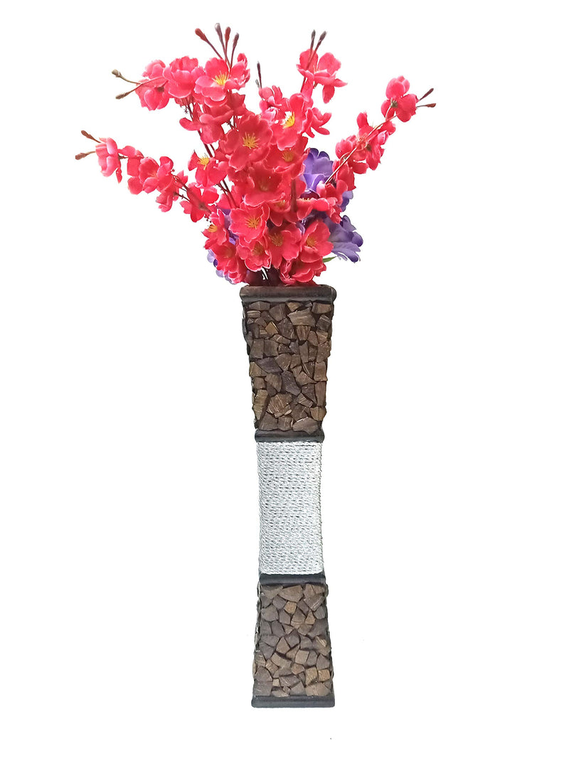 Spanglers Floor Wooden Flower Vase with Coconut Shell Chips and Silver Strip.