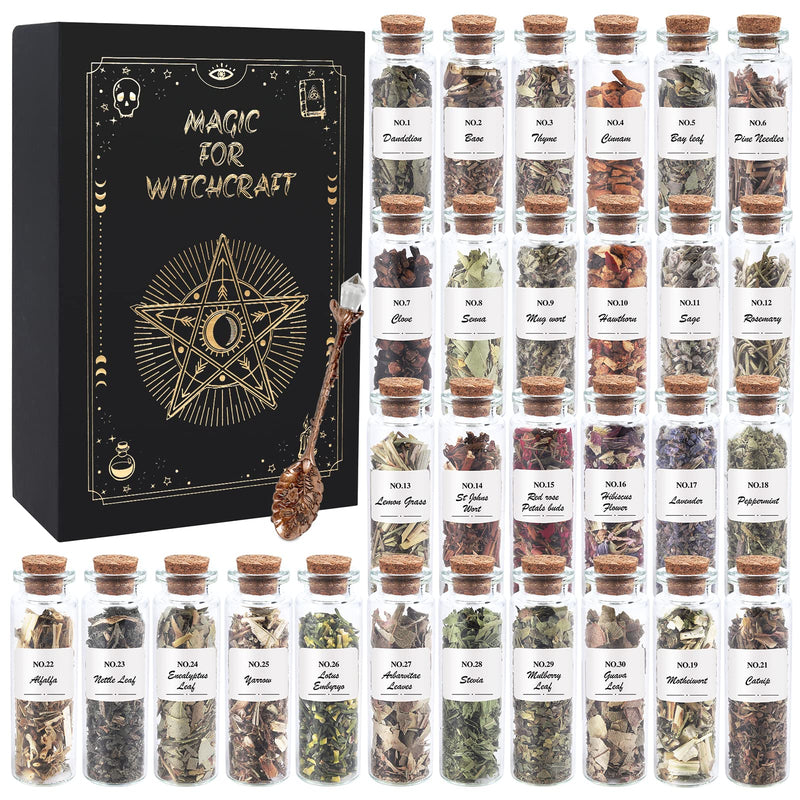 Witchcraft Supplies Herbs - 30 Pack Dried Herbs Kit for Beginners - Altar Supplies Healing Herbal Natural Herbs Crystal Spoon for Wicca, Pagan Magic Spells and Bath