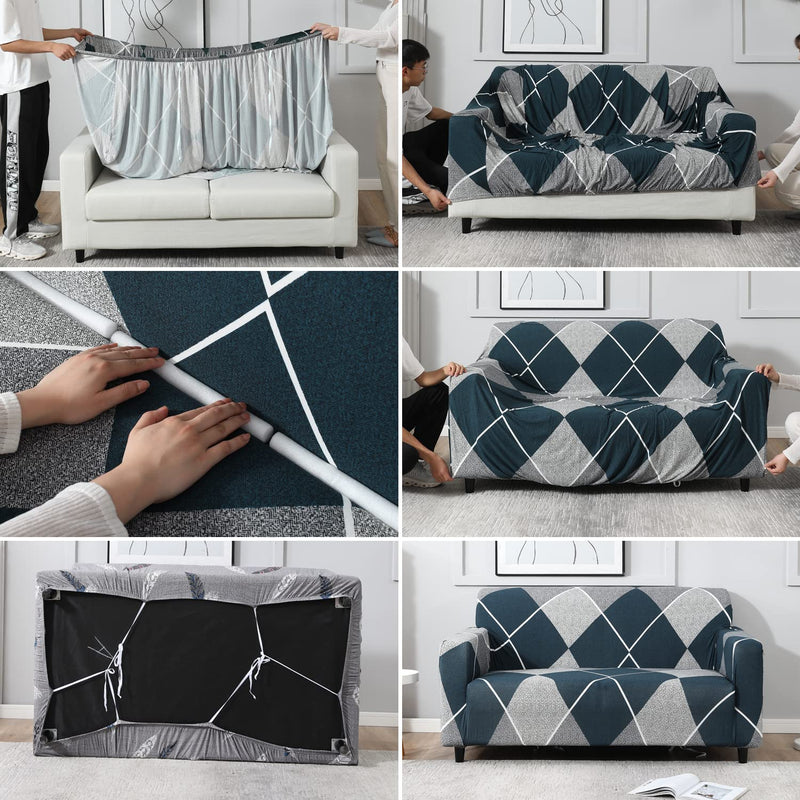 HOKIPO Elastic Stretchable Triple Seater Sofa Cover (AR-4095-D15)( Blue Rhombus)