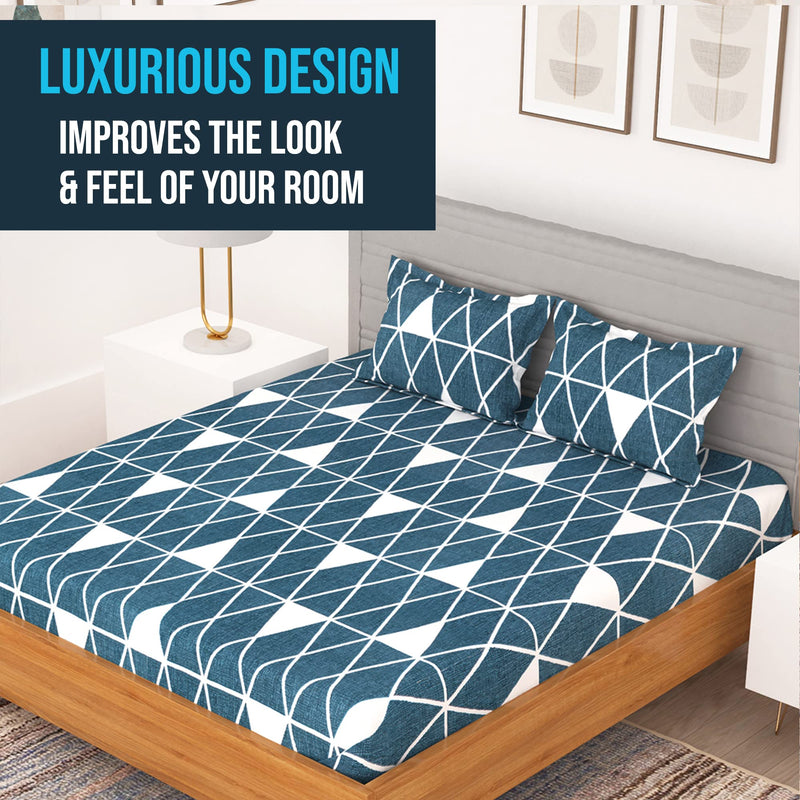 BEDSPUN - Microfiber Bedsheet for Double Beds with 150 TC, Double - Queen Size Bedsheet & 2 Pillow Covers, Geometric Pattern, Blue