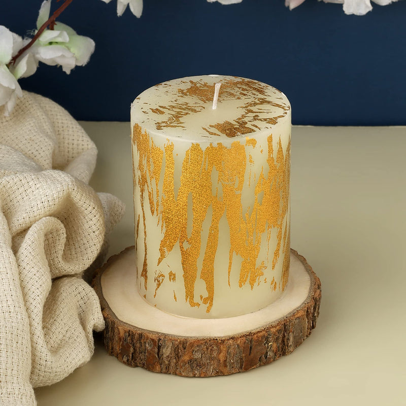 Oceann Gloww Scented White Pillar Candle with Royal Holographic Gold Foil I Dripless I Smokeless I Set of 3 I 3x6 inch I for Home Decor