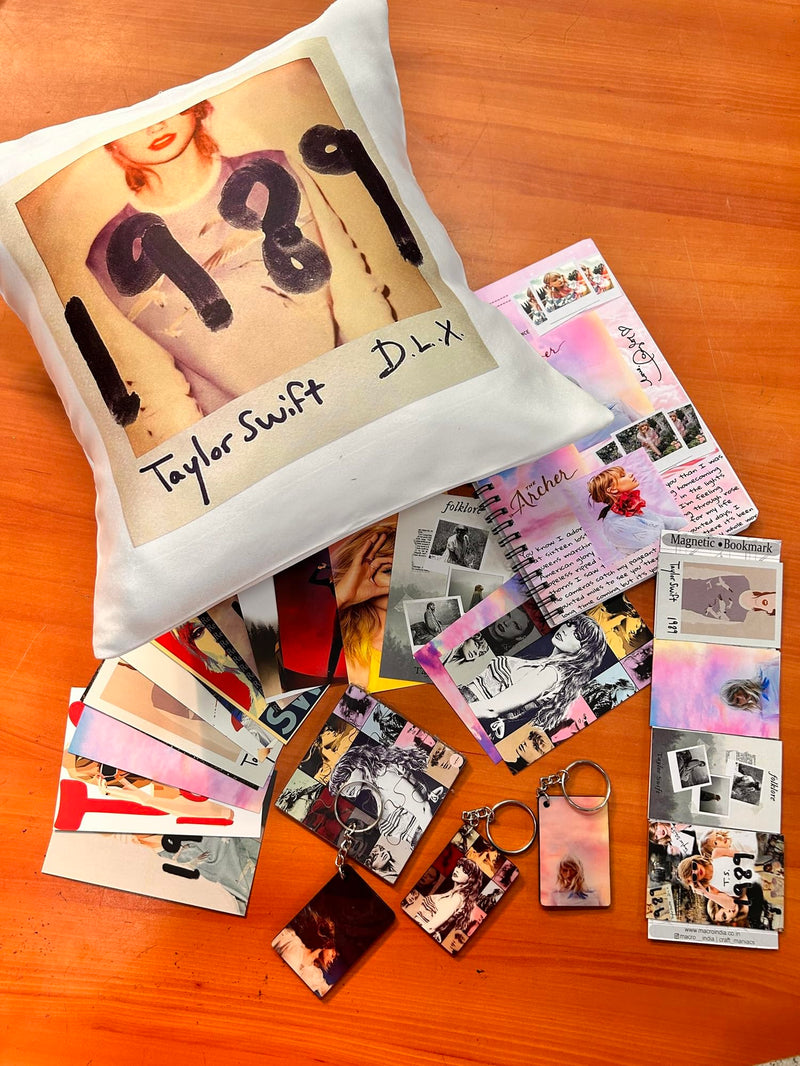 CRAFT MANIACS Cotton Taylor Swift 1989 Polaroid 16 * 16 Pillow Combo Set : Pillow, One Spiral Diary, Magnetic Bookmark Set, One Wooden Puzzle & 3 Keychains | Uber Cool Merch For Swifties