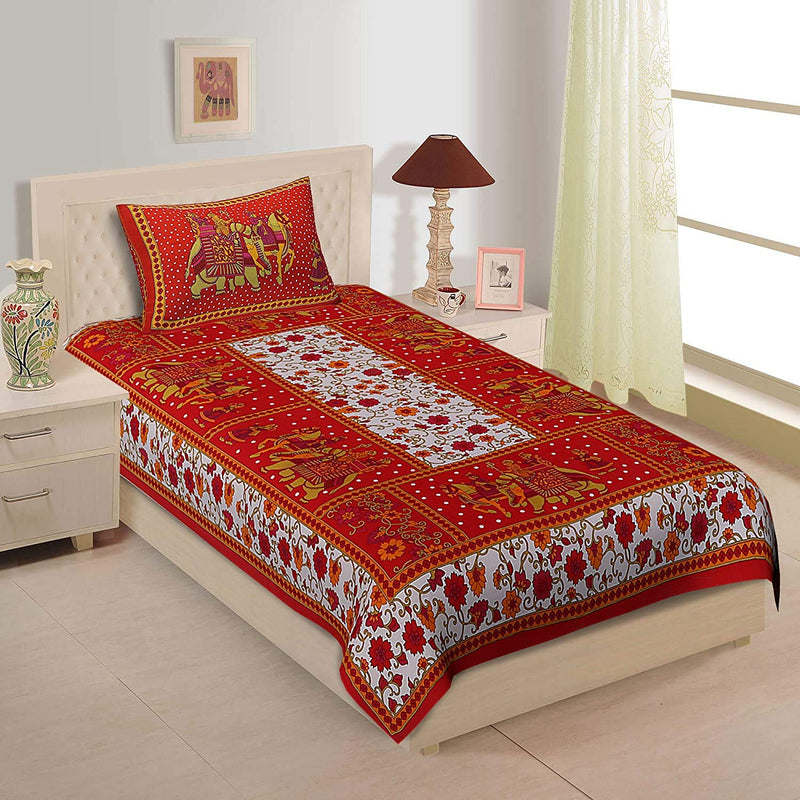 Queenie Brand 144 TC 100% Pure Cotton Single Bedsheet with 1 Pillow Cover Red