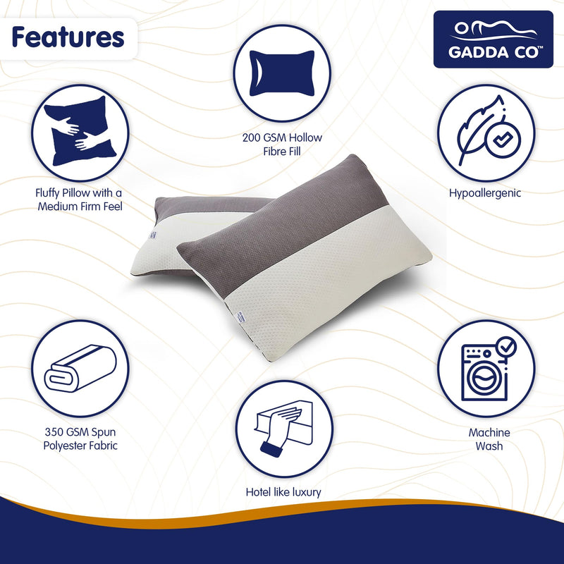 GADDA CO Height Adjustable Hollow Fibre Sleeping Pillow with Zip | Set of 1 (White and Grey, 27 X 16 Inch) 6 Months Warranty - Hollow Staple Fiber Filler