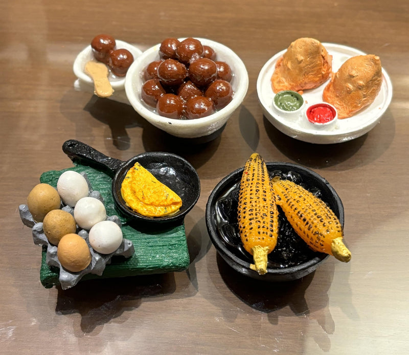 Bumbleberry Corn, Jamun, Samosa and Egg Tray Miniature 3D Food Fridge Magnet | Set of 4 | Kitchen Decor | Handmade in India | 3D Fridge Magnets | Best for Gifting