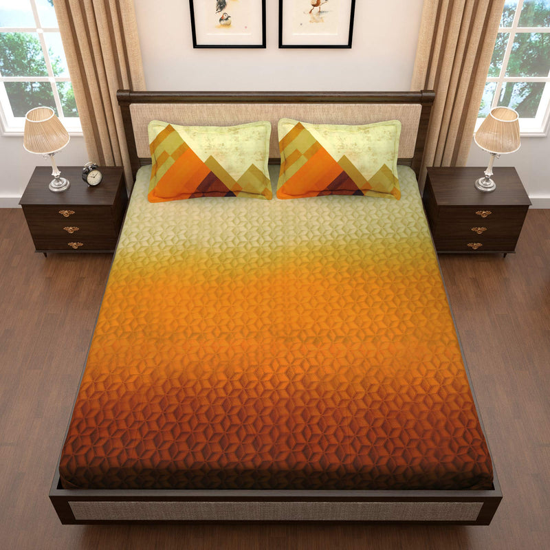 Story@Home 300 TC Tevel Collection King Size Bedsheet Cotton with Two Pillow Covers, Mustard and Brown, Pattern Abstract