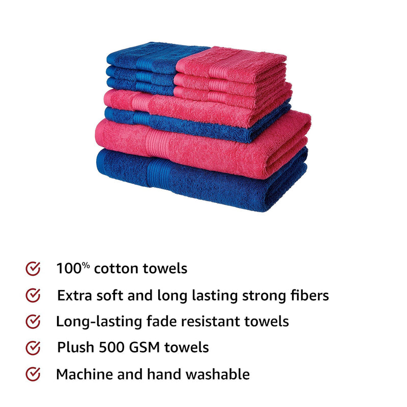 Amazon Brand - Solimo 100% Cotton 10 Piece Towel Set, 500 GSM (Iris Blue and Paradise Pink)